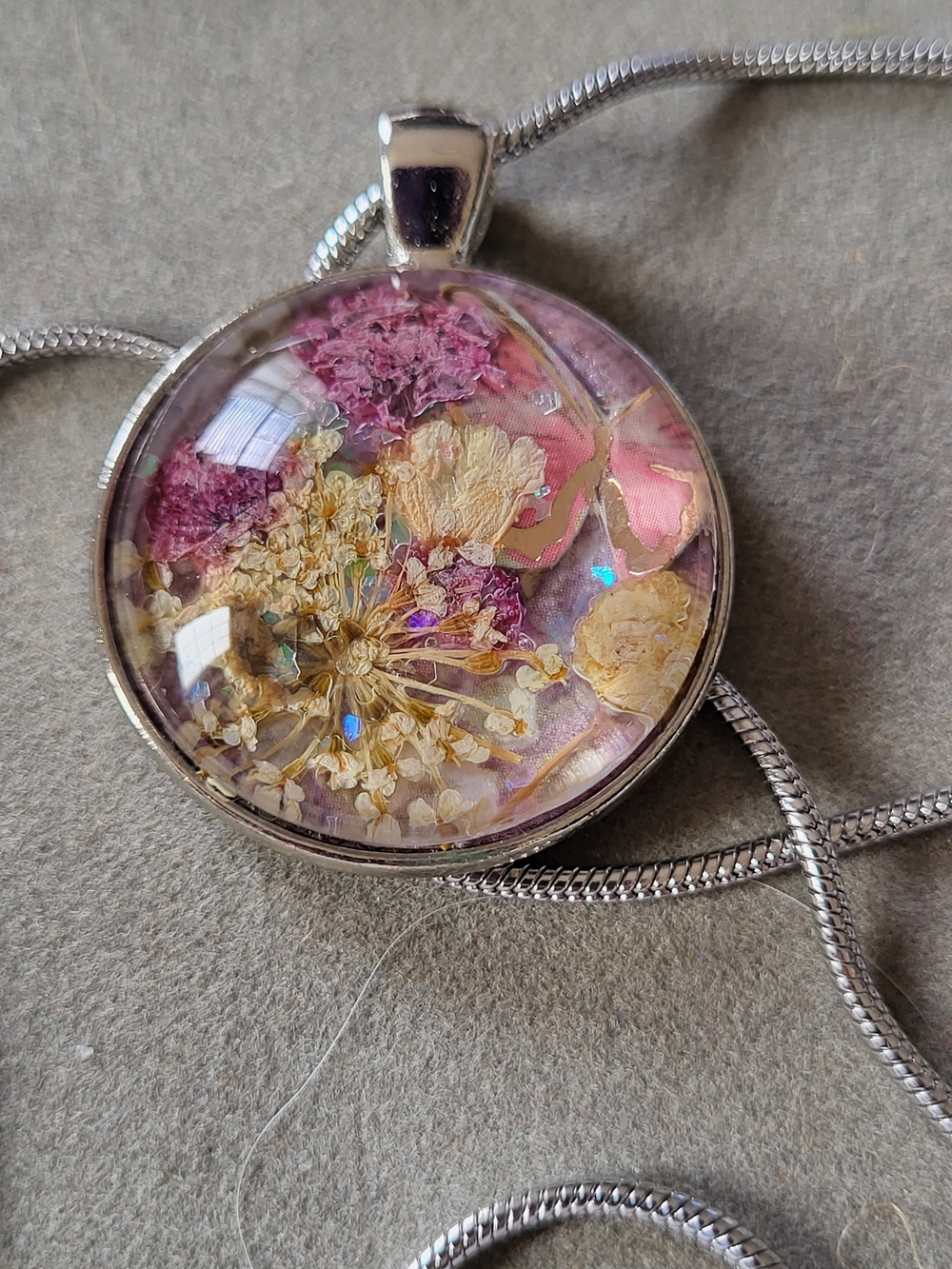Handcrafted Pink and Gold Floral Under Glass Cabachon Necklace